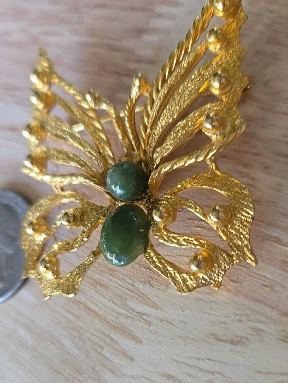 Gold-Tone Butterfly Brooch with Green Jade Accents